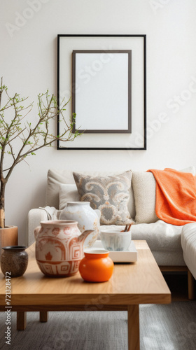Interior of living room with mock up poster frame, sofa and plants