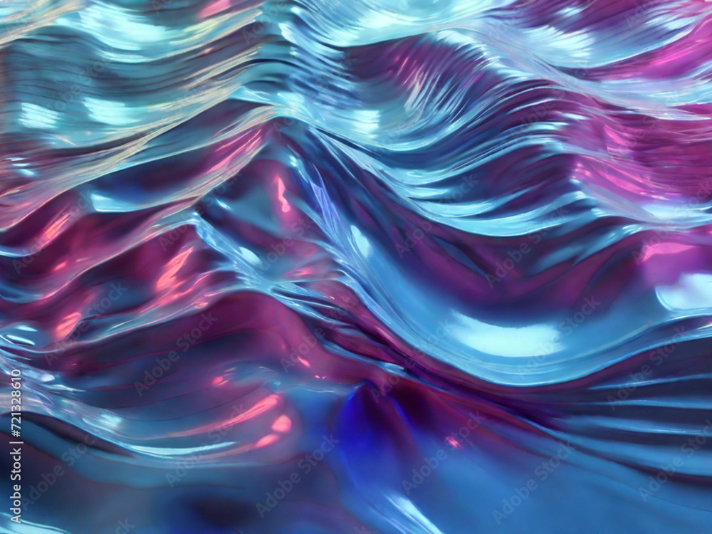 Colorful wave in bright neon color. Wave shaped holographic foil. Abstract wallpaper background. Hologram texture