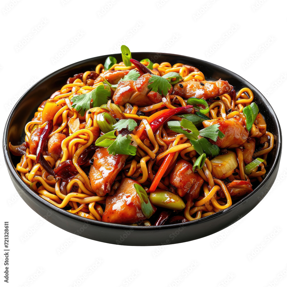 Bami, Fried noodles Asian food. Top view. Noodles with chicken and vegetables. Transparent background Bami, Fried noodles Asian food. Top view. Noodles with chicken and vegetables. Transparent background