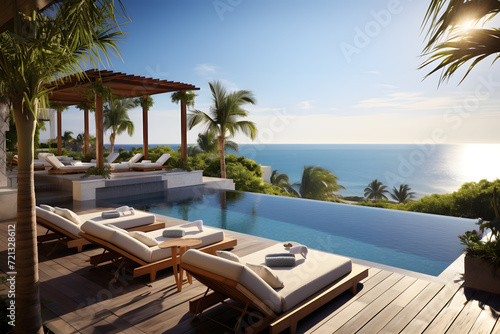 Luxury Hotel Pool Deck Overlooking the Ocean © sugastocks