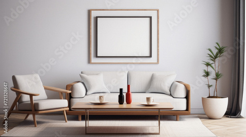 Modern living room interior with white sofa  coffee table and mock up poster frame.  Rendering