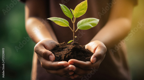 Closeup of hands holding young plant in soil on blurred nature background