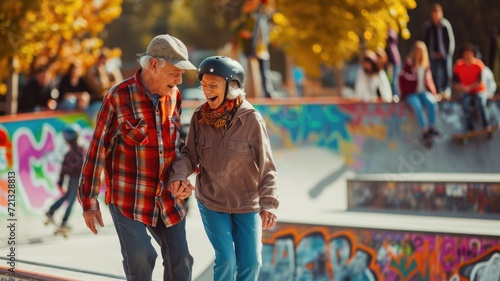 senior couple play in skateboard park pragma , happy retirement concept