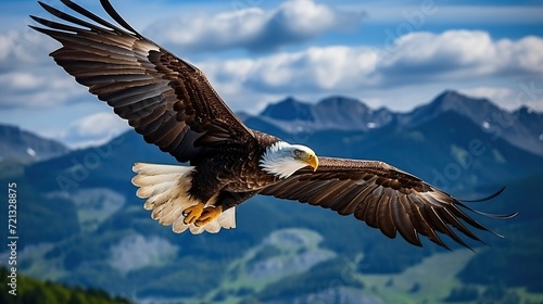 Photo shot of American bald eagle spreading wings in flight over forest