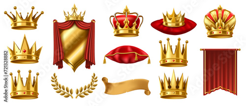 Realistic 3D royal elements. Golden crown on red pillow, crowned shield and gold laurel wreath vector illustration set