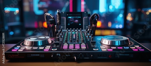 Close-up of music controller DJ mixer in a nightclub with neon light in the party.