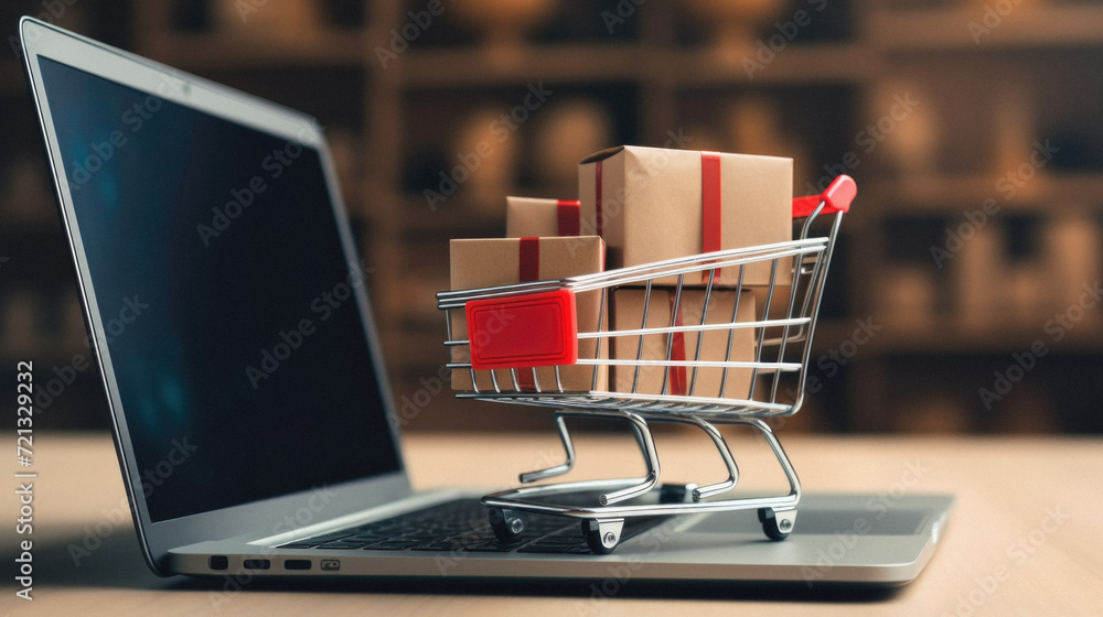 Shopping cart with gift boxes on laptop. Online shopping concept .
