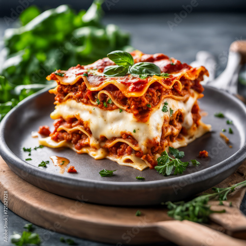 close up view of a nutritious and well-cooked lasagna on the table 