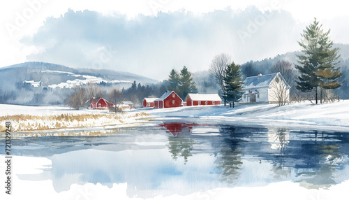 Watercolor drawing image shows a tranquil winter scene with a clear blue sky. There's a mirror-like body of water reflecting the snow-covered landscape