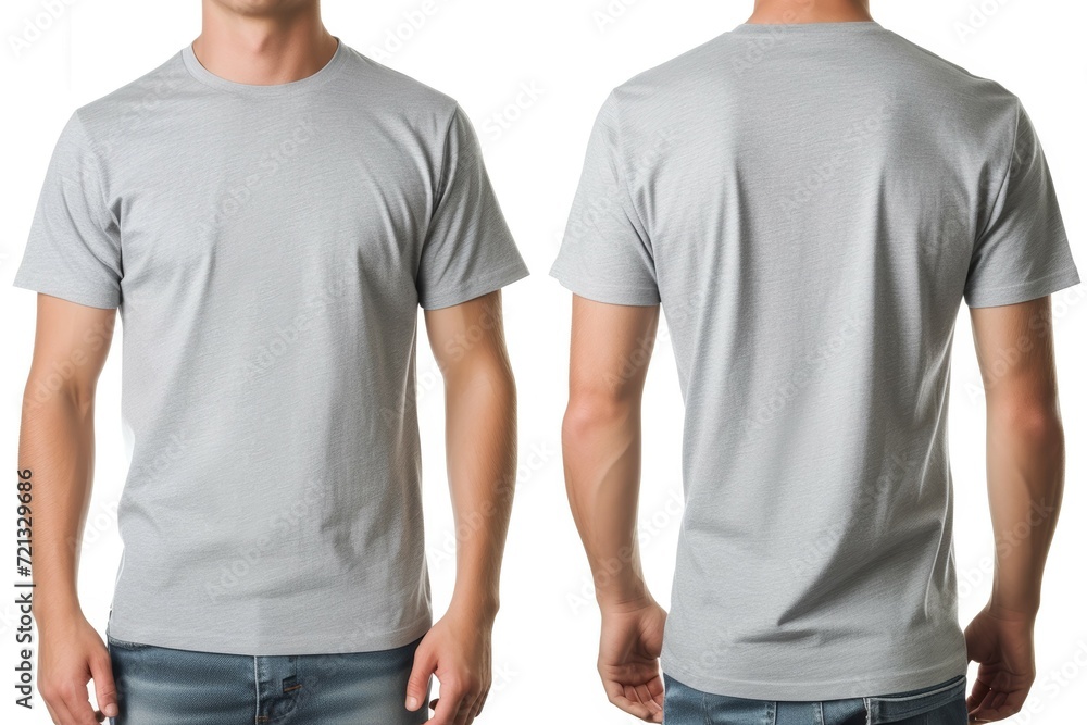 Mock-Up Male Model for a Plain Grey Blank Casual T-Shirt, Front and Back. Generative AI. - obrazy, fototapety, plakaty 