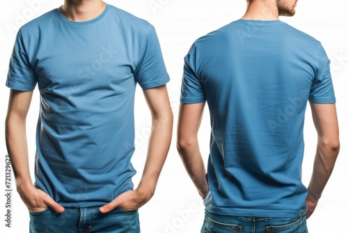 Mock-Up Male Model for a Plain Blue Blank Casual T-Shirt, Front and Back. Generative AI.