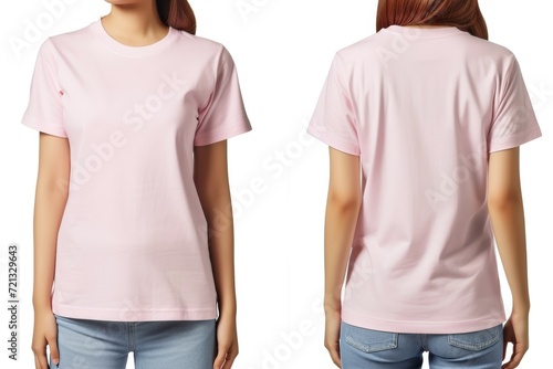 Mock-Up Female Model for a Plain Light Pink Blank Casual T-Shirt, Front and Back. Generative AI.