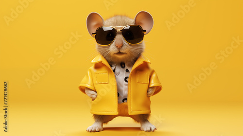 little mouse with sunglasses, isolated on yellow color background