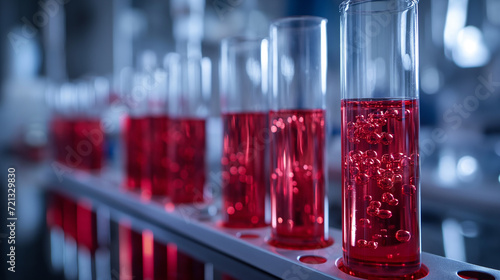 test tubes of different shapes and sizes with red colored liquid against the background of the laboratory