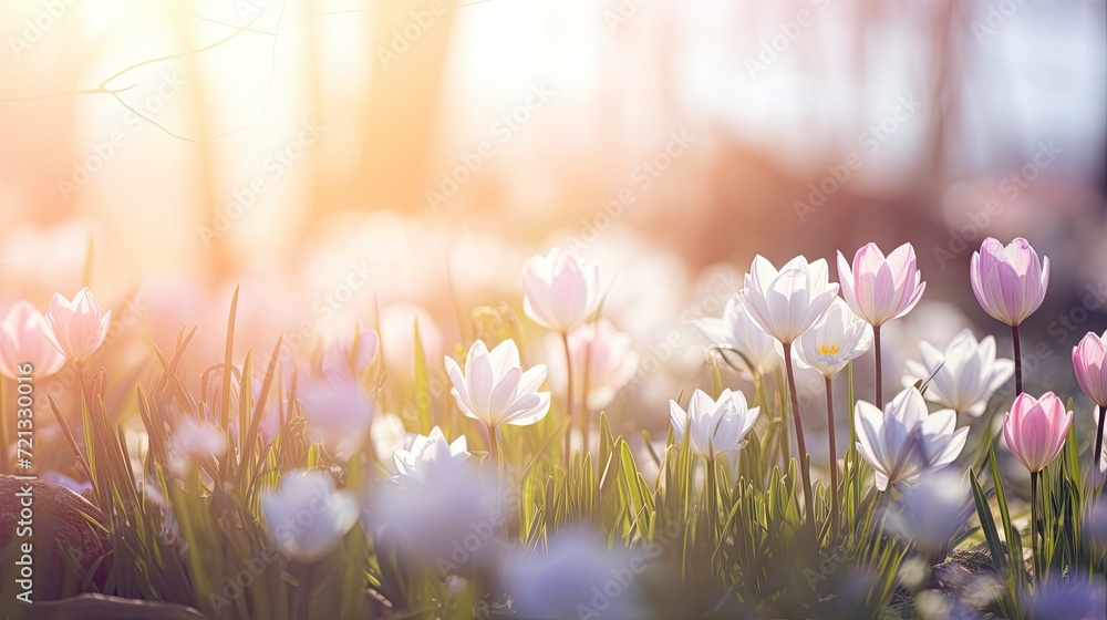 sunlight on Easter flowers, abstract blank blurred spring background, beauty in nature concept, copy space - generative ai - obrazy, fototapety, plakaty 