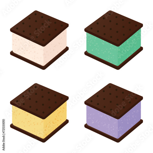 Ice cream sandwich vector illustration. Vanilla, mint, lemon, taro ice cream sandwich.
