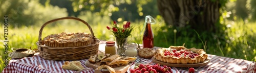Outdoor summer picnic with a selection of sweet pies and savory tarts, surrounded by natural scenery and picnic accessories