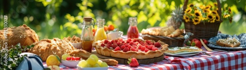 Outdoor summer picnic with a selection of sweet pies and savory tarts, surrounded by natural scenery and picnic accessories
