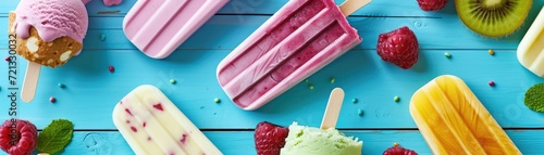 Outdoor summer setting with a selection of homemade frozen desserts like fruit popsicles, sorbets, and ice cream sandwiches