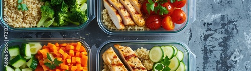 Overhead shot of a meal prep setting, with containers filled with balanced meals, including grilled chicken, quinoa, and steamed vegetables photo