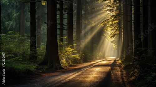 Sun rays shining through trees in redwood forest  California  USA