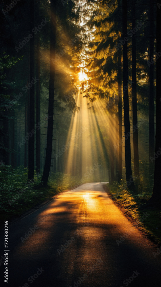 Road in the pine forest with rays of light passing through the trees