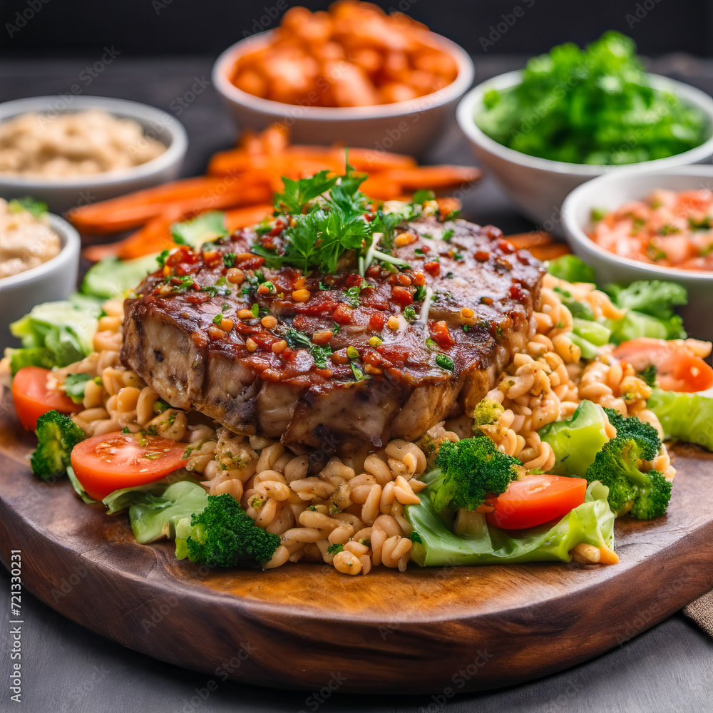 Healthy food composed of fruits and vegetables on a wooden table Healthy food composed of fruits and vegetables on a wooden table