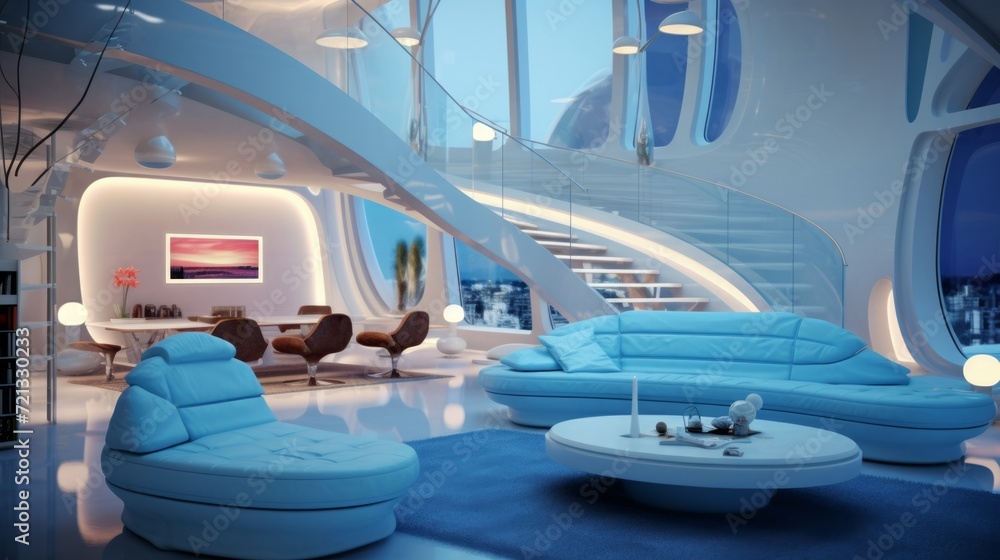 Modern sci-fi futuristic blue interior. Neural network AI generated art Modern sci-fi futuristic blue interior. Neural network AI generated art