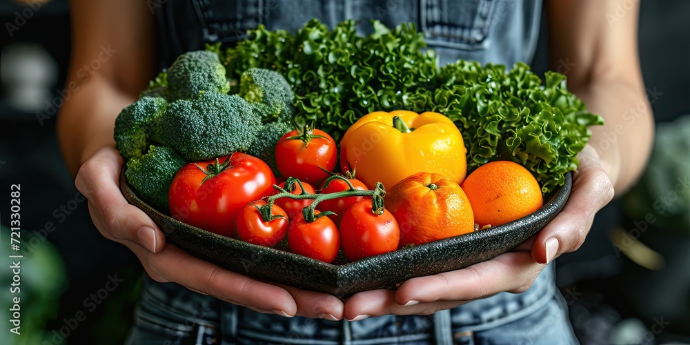 Fototapeta premium Summer bounty in bowl ripe and fresh medley of colorful berries. Organic delights from nature lap strawberries blueberries and raspberries closeup. Health vegan feast of juicy fruits rich in vitamins
