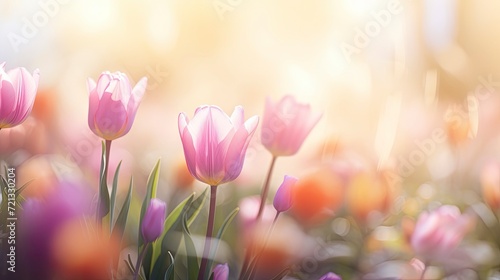 sunlight on Easter flowers, abstract blank blurred spring background, beauty in nature concept, copy space - generative ai