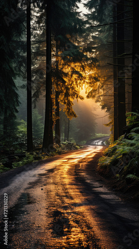 Road in the forest at sunrise with sun rays passing through the trees