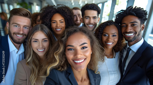 Happy multicultural group of male and female business people taking a selfie together