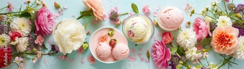 Spring garden party setting with floral-infused ice creams and light, airy seasonal desserts, surrounded by blooming flowers