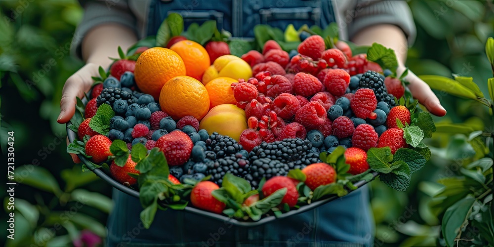 Summer bounty in bowl ripe and fresh medley of colorful berries. Organic delights from nature lap strawberries blueberries and raspberries closeup. Health vegan feast of juicy fruits rich in vitamins