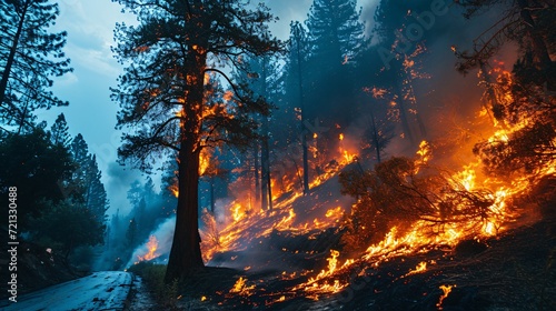 A blazing tree engulfed in inferno, causing a deadly forest fire that threatens nearby roads and vehicles with occupants.