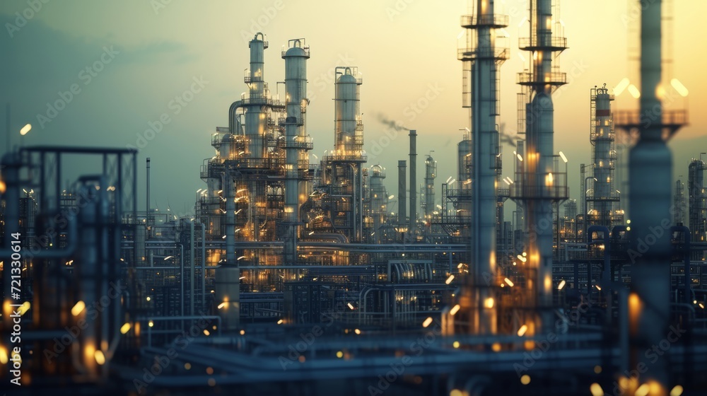 Fototapeta premium An industrial landscape capturing the dynamic operations of an oil and gas factory, highlighting the complex machinery and infrastructure synonymous with the energy production industry
