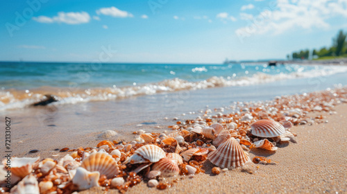 Seashells on a sandy beach. Selective focus .