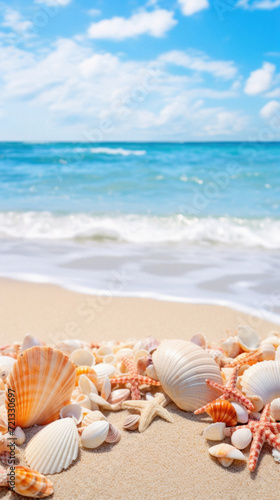 Seashells on the beach with blue sea and sky background © Art AI Gallery