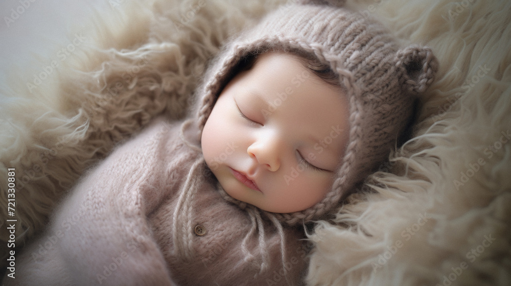 Cute newborn baby boy sleeping in a warm knitted hat and sheepskin coat