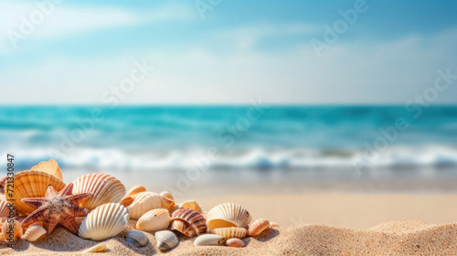 Seashells and starfish on the sandy beach. Summer background © Art AI Gallery