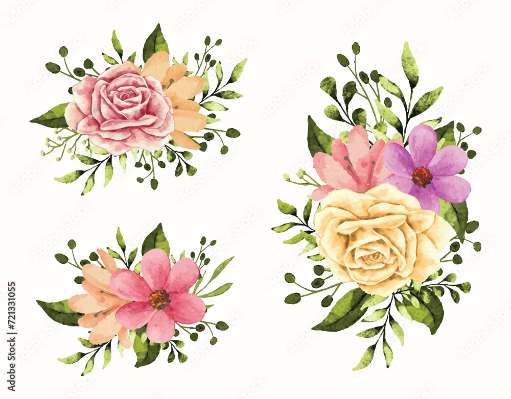 Pack of wedding blooming flower branch bouquet with rose, flax and green leaves in watercolor style