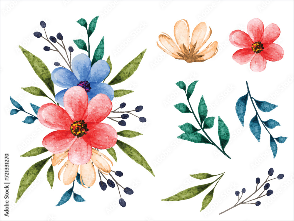 Botanical set of flowers and leaves, watercolor floral bouquet on isolate background