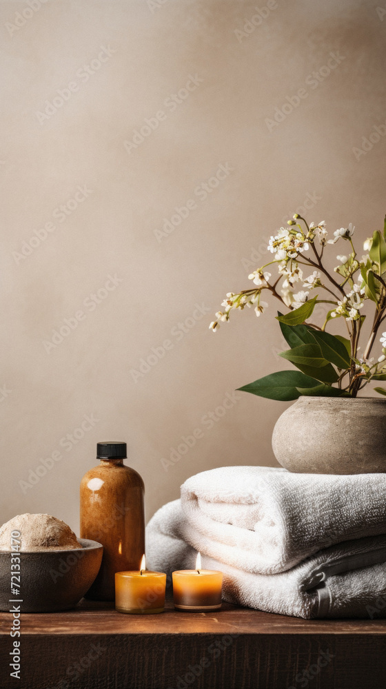 Spa still life with towels, sea salt and flowers on brown background