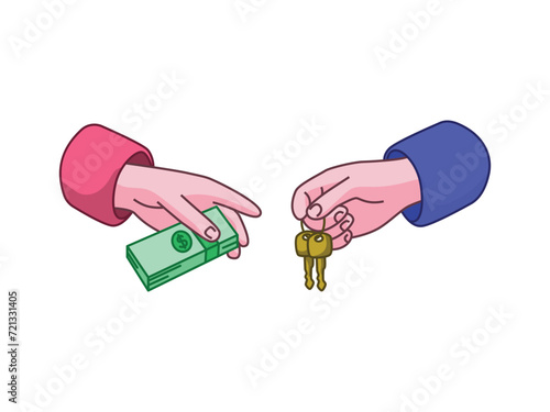 Illustration of two hands engaged in a hotel or house booking transaction, with an illustration of handing over house keys.