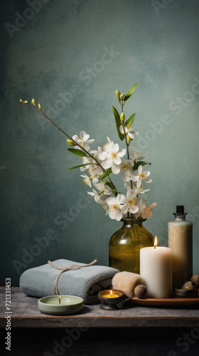Spa still life with jasmine flowers, candles and towels