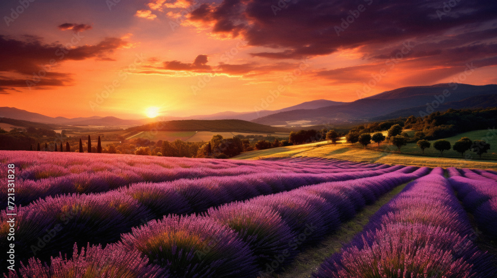 Sunset over lavender fields in Provence, France . Sunset over lavender fields in Provence, France .