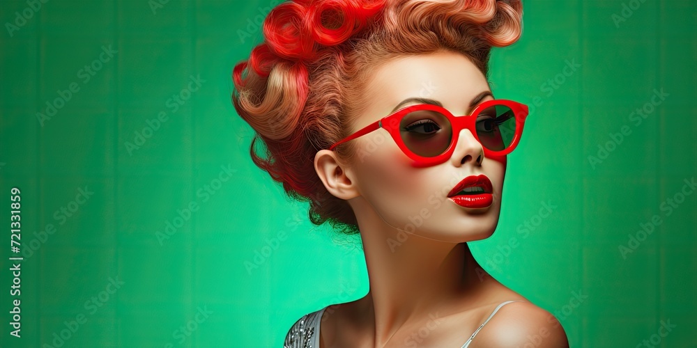 Fototapeta premium A stylish woman from the 1980s era sporting big hair and retro sunglasses against a solid backdrop, exuding fashionable flair.
