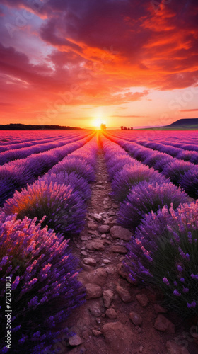 Beautiful sunset over lavender field in Provence  France