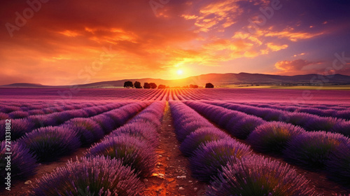 Beautiful sunset over lavender field in Provence, France