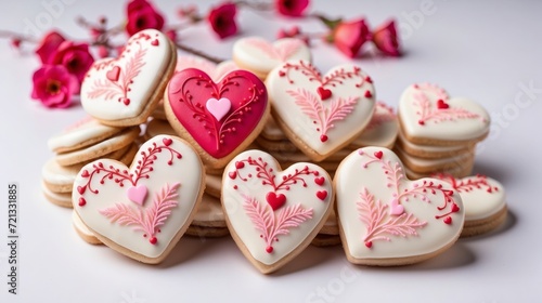 romantic heart shape cookies on a white background, valentine, anniversary, birthday and wedding sweets